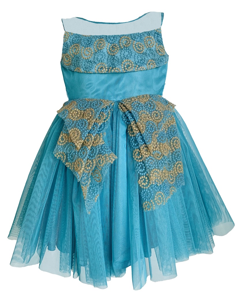 Ocean Blue Frock with Golden Work
