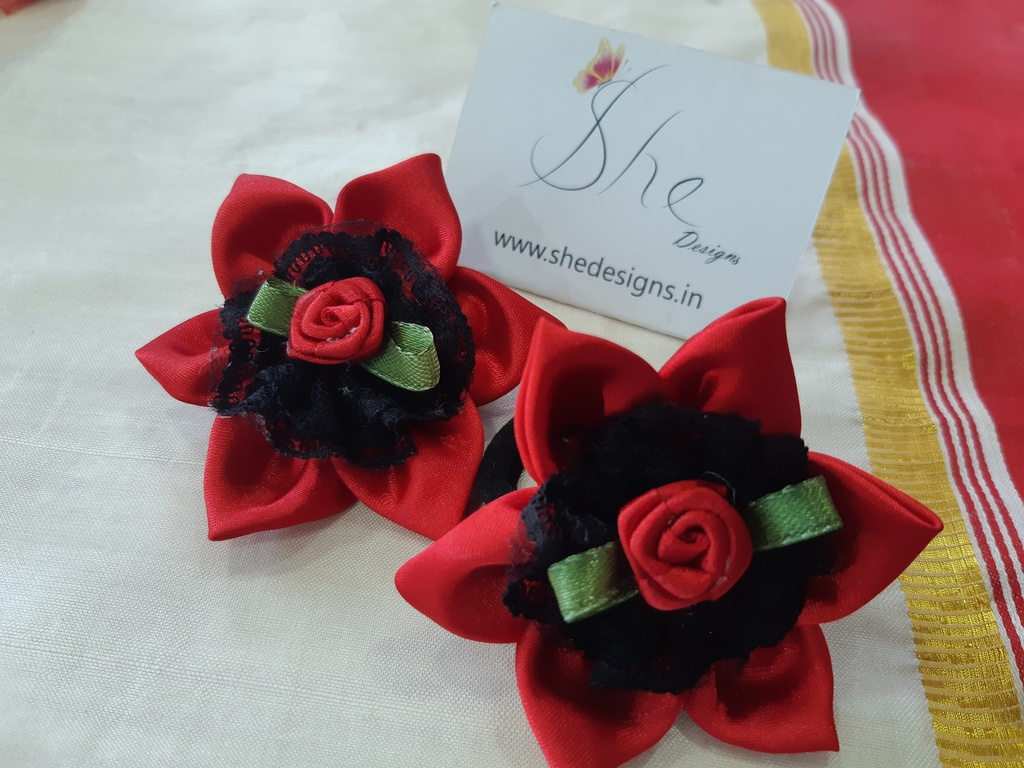 Red Colour Flower Design Hair Clip (Cotton)