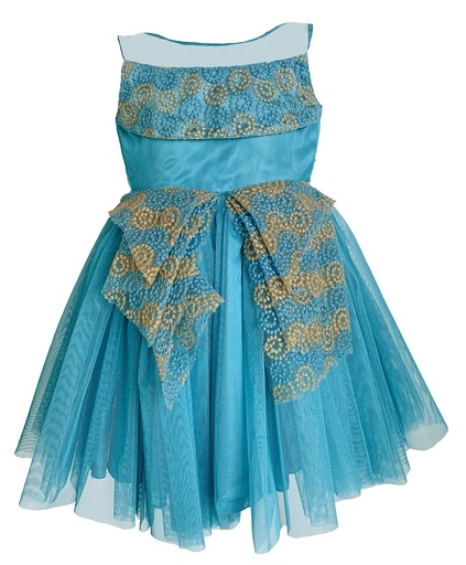 Ocean Blue Frock with Golden Work